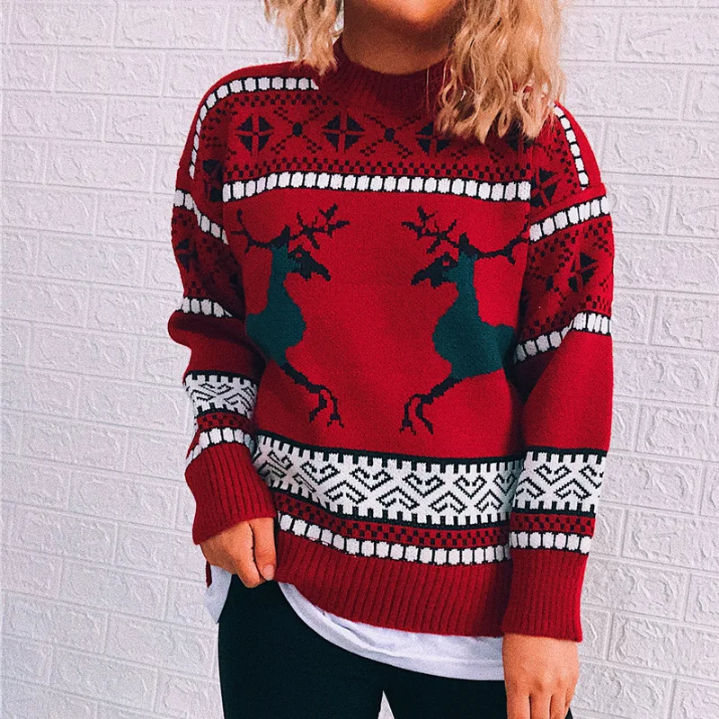 

Christmas Themed Sweaters Fake Two Pieces Retro Crew Neck Snowflake Knitwear Pullover Women Elk Long Sleeves Vintage Sweatshirts