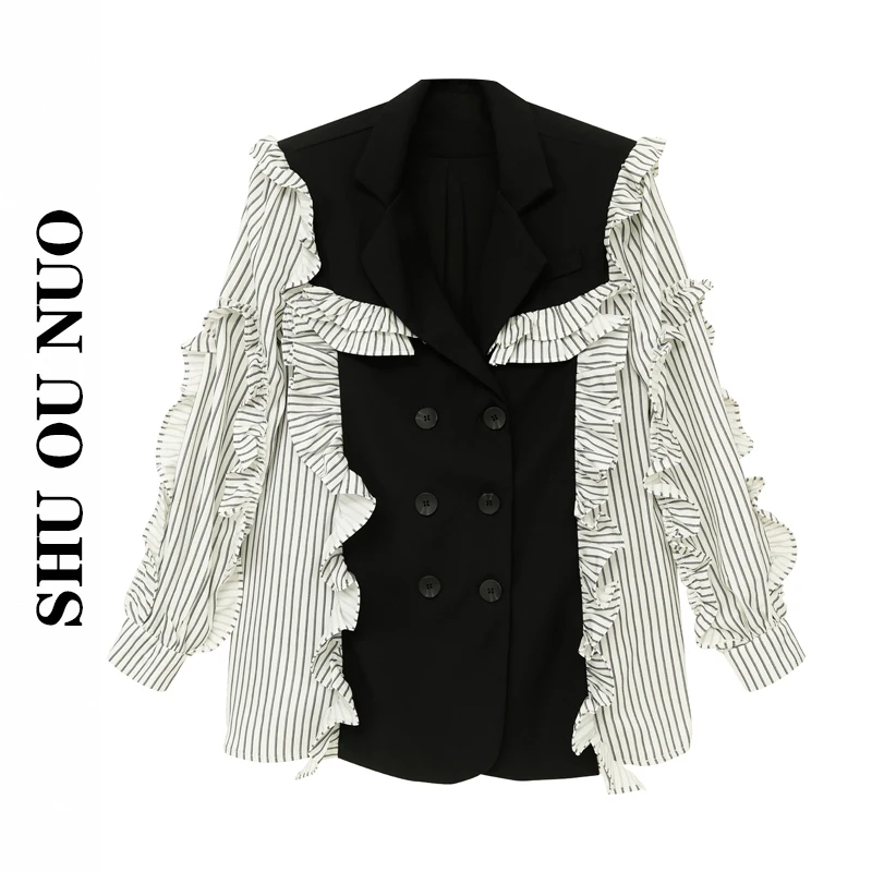 

VANOVICH Корейский Японский стиль дизайн чувствительные сшивки Модные полосы черный гофрированный повседневный костюм куртка 2022 весна и осень...