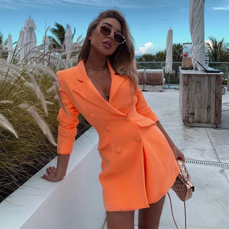 Orange Fahsion Commute Blazers Women Street Indie Mid Length Solid Colors Single Breasted Suit 2023 Spring Autumn New Y2k Blazer