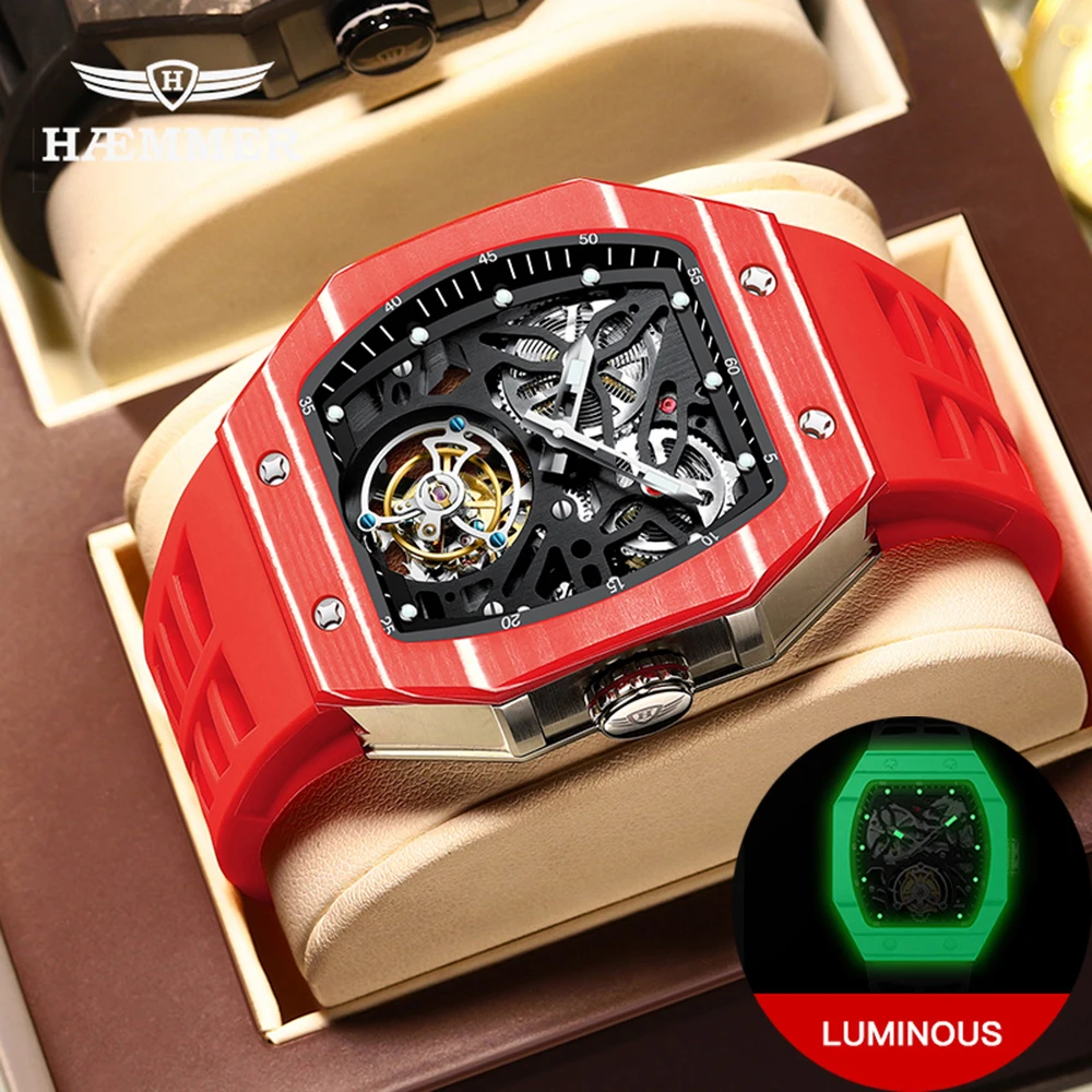 

Real Tourbillon Watch Automatic Luxury Skeleton Mechanical Watches Sports Tonneau Luminous Limited Edition Wristwatches HAEMMER
