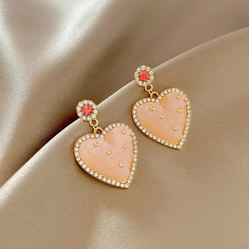 

Fashion Pink Transparent Peach Heart-shaped Inlaid Rhinestone Earrings Trendy Temperament Personality Earrings Wedding Jewelry