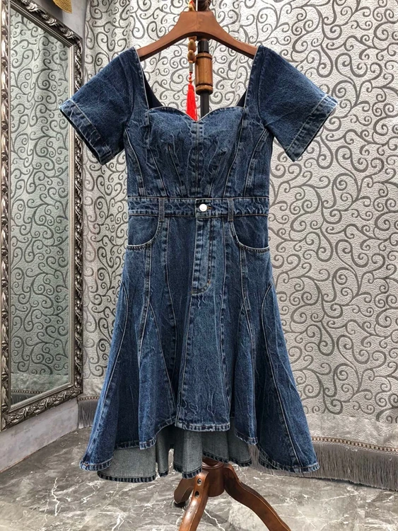 

2022 new women fashion short sleeve irregular square neck symmetrical pocket lotus leaf hem denim skirt dress 420