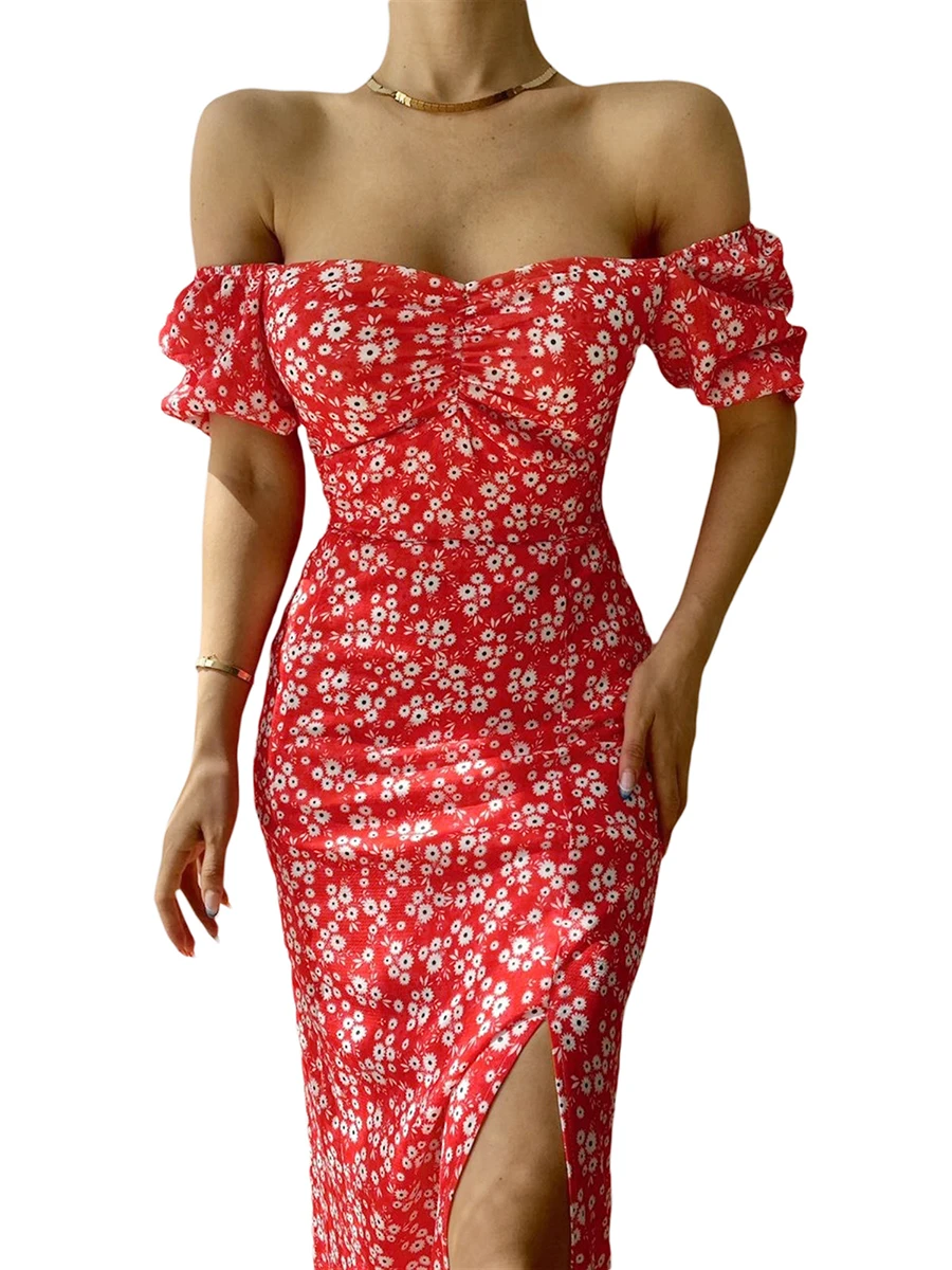 

Floral Print Off Shoulder Bodycon with Ruched Detailing Short Sleeves and a Sexy Side Split - Perfect for Parties