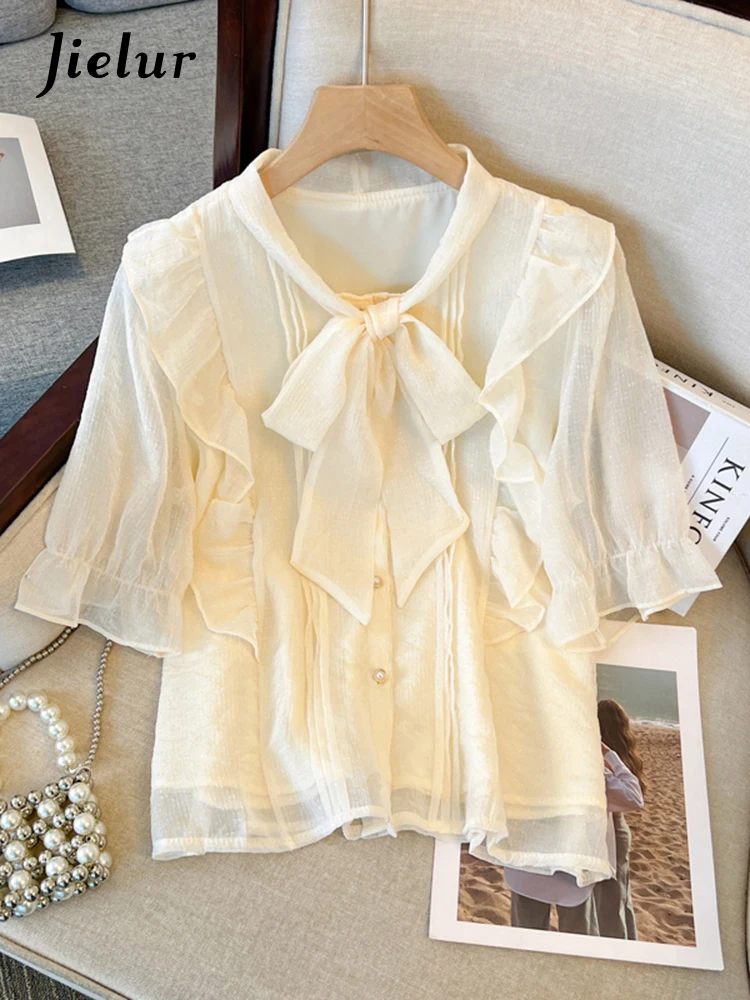 

Jielur Summer New French Chiffon Women's Shirts Solid Color Slim Sweet Ladies Blouse Female Apricot Basic Ruffles Women Top