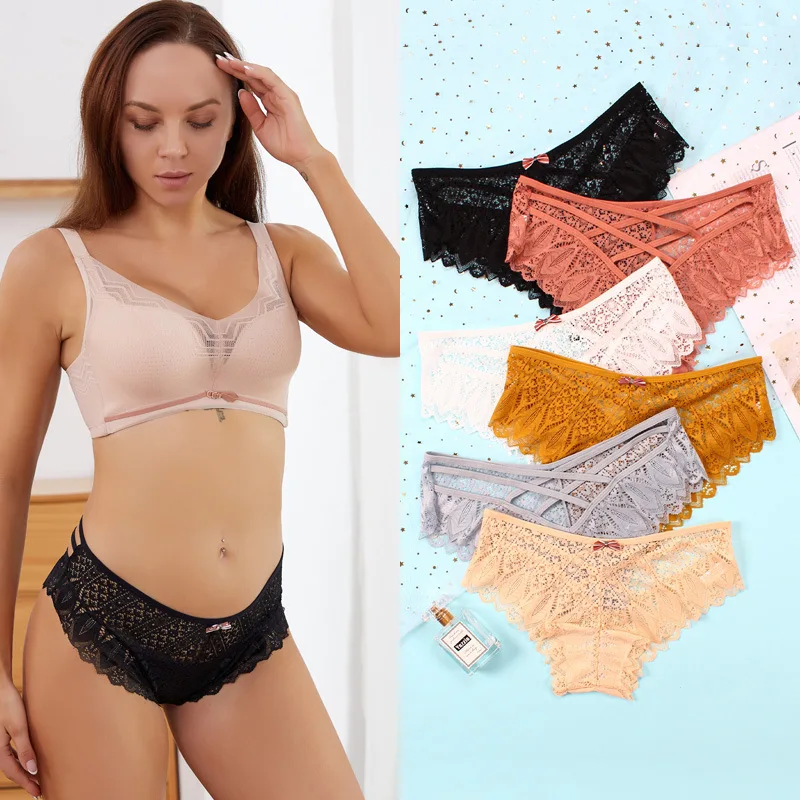 

Sexy Women's Mid-Waist Panties Hot Sale High-End Lace Bow Cross Belt Women's Briefs