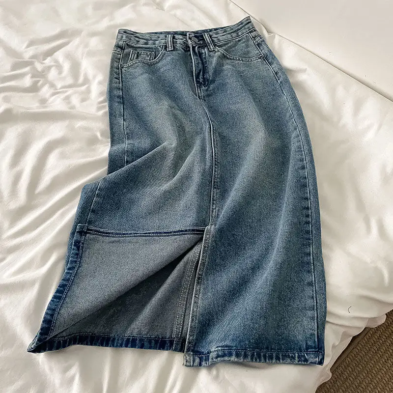 

Женская джинсовая юбка с разрезом, винтажная Облегающая джинсовая юбка трапециевидной формы с высокой талией, модель 2023 в Корейском стиле, A31, 2022