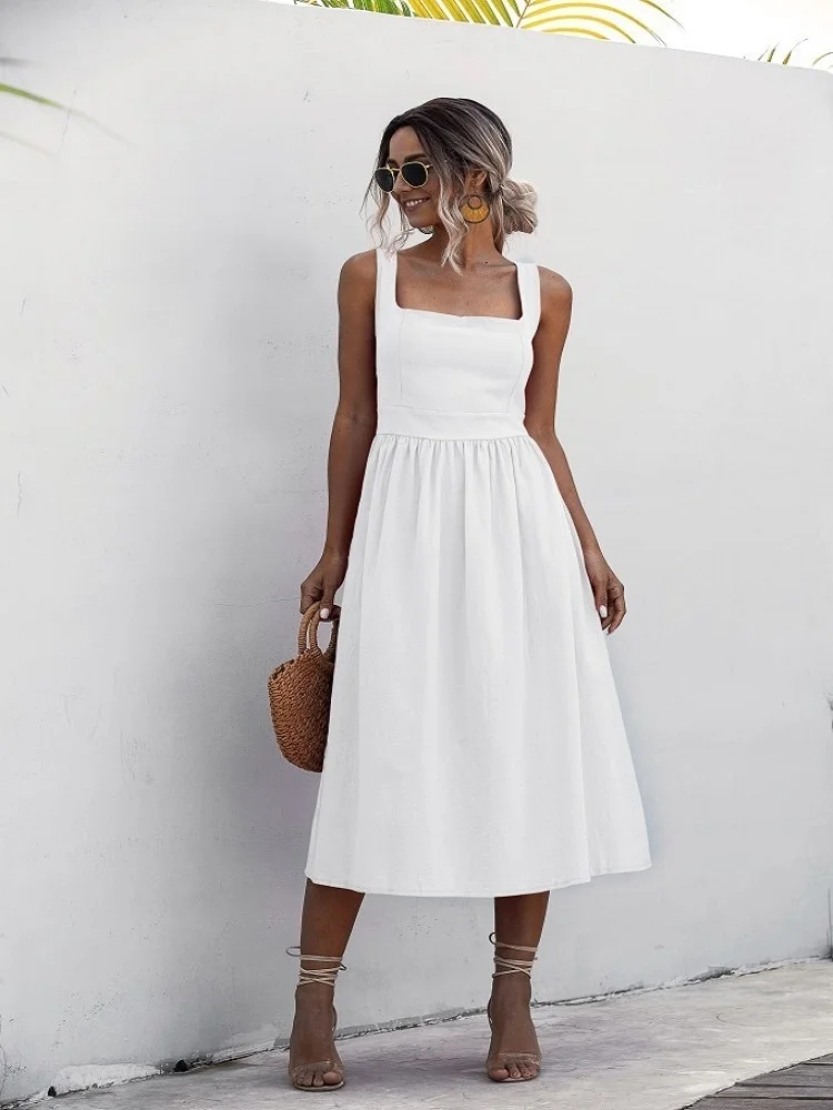 

2023 Women Long Dress Summer Sexy Backless Casual White Black Ruched Slip Midi Sundresses Ladies Spaghetti Strap Vestido Clothes