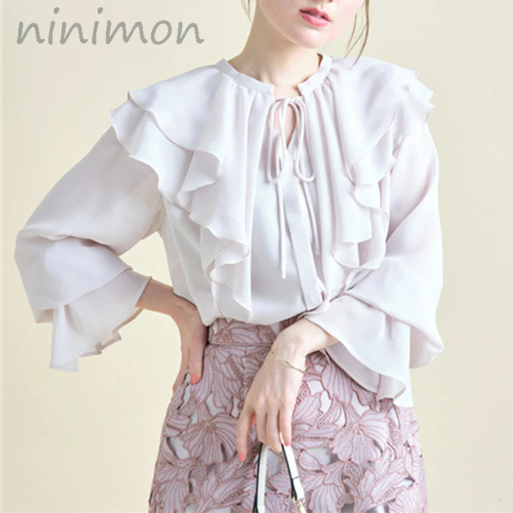 

NINIMON Autumn Ruffles Blouse Spring Elegant French Trumpet Long Sleeve Sweet Blouses Ladies Vintage Chiffon Shirts Offce Tops
