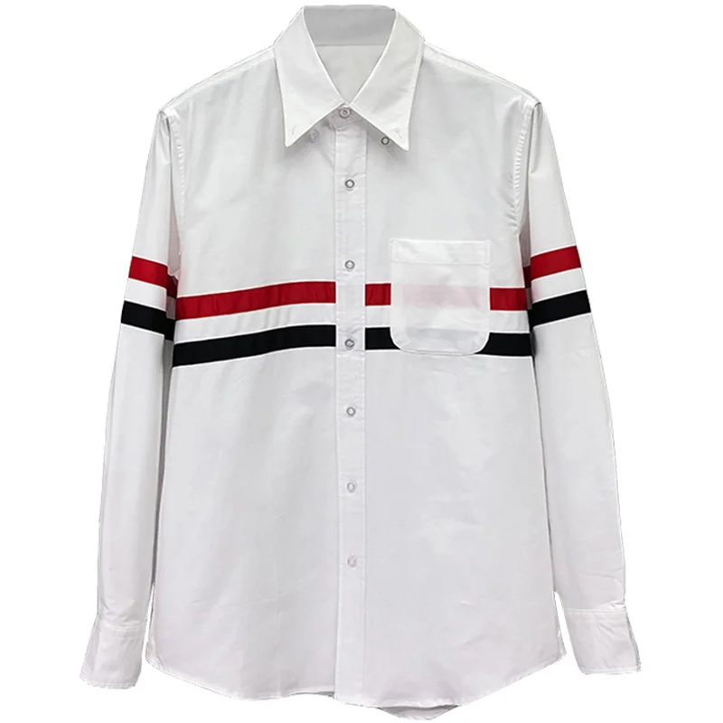 TB THOM Men's Shirt Korean Style Transversed Chest RWB Stripe Blouses Fashion Brand Office Formal Slim Fit Dress Solid Shirts