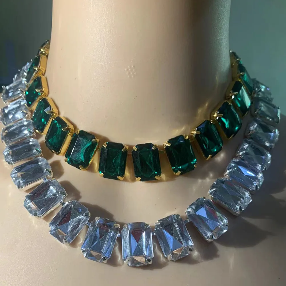 INS Handmade 6 Colors Glass Crystal Necklace Statement Pendant Collar for Women Rhinestone Large Square Choker |