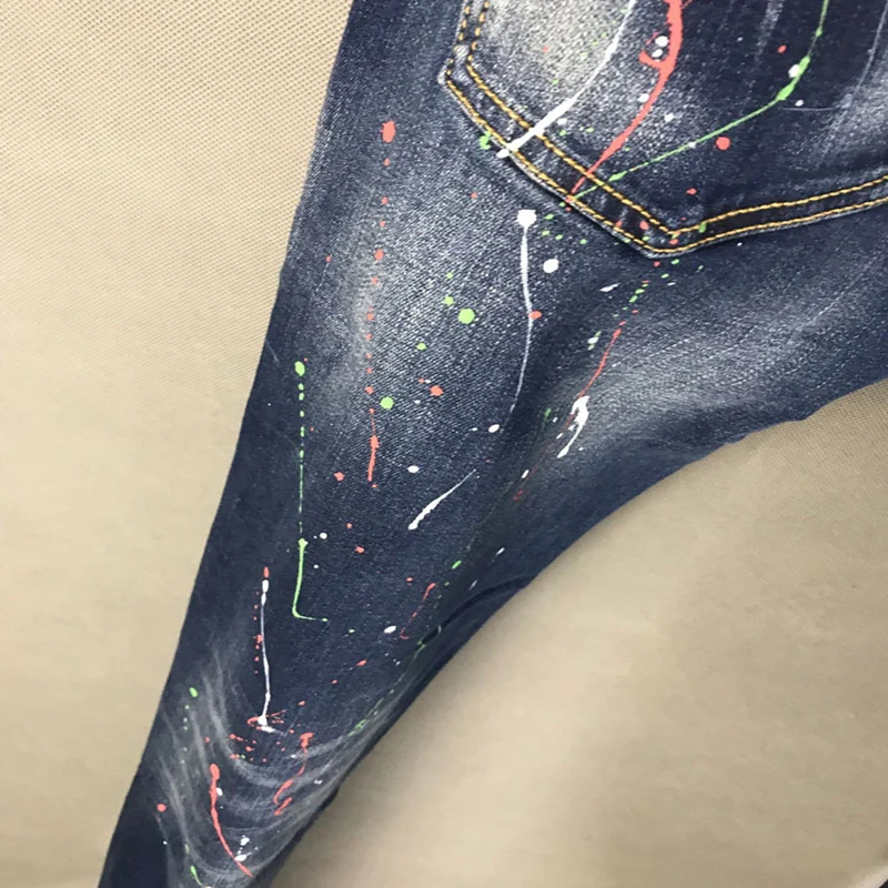 Streetwear Fashion Men Jeans High Quality Stretch Slim Fit Ripped Printed Jeans Men Painted Designer Hip Hop Brand Pants Hombre