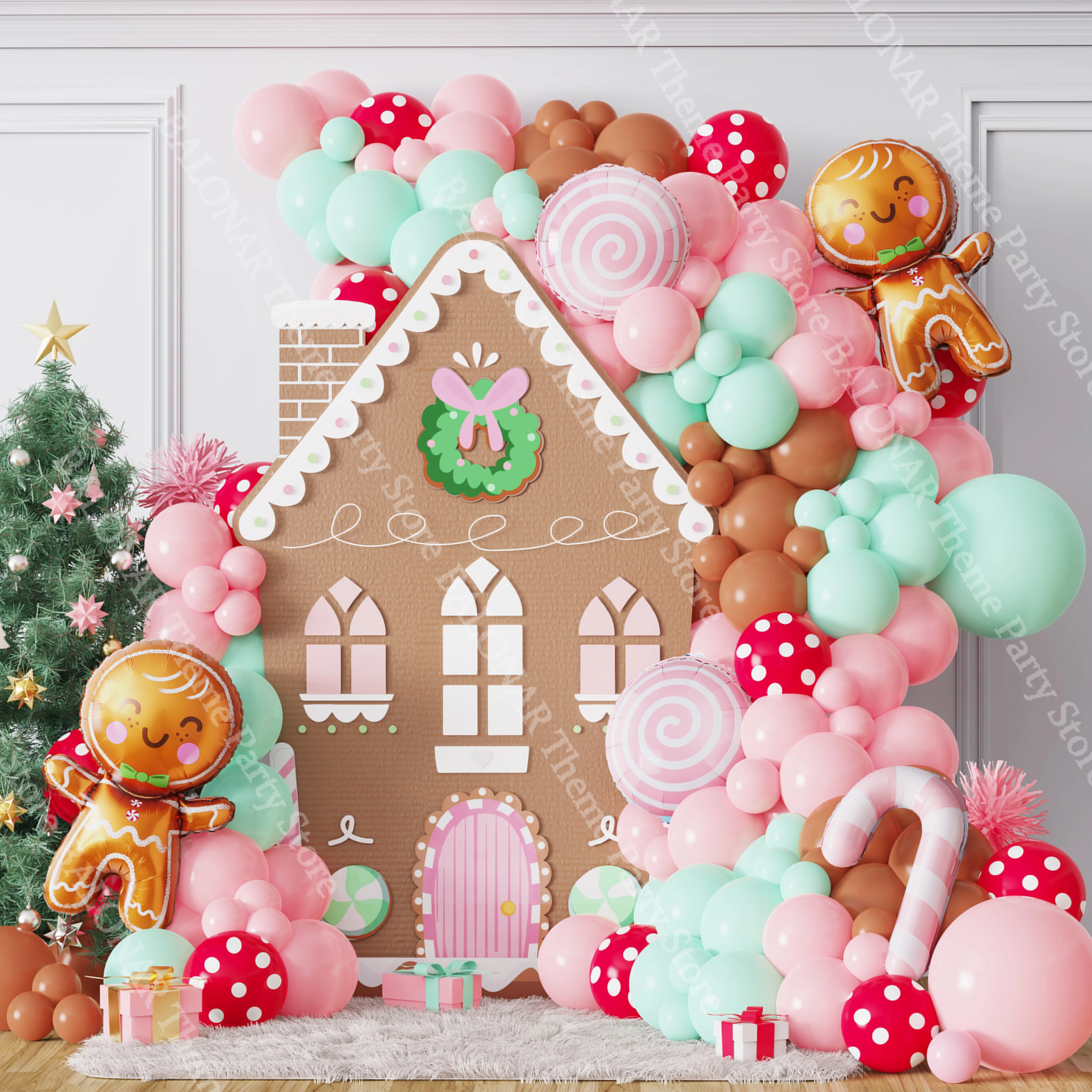 

111pcs Red Pink Windmill Spiral Lollipop Gingerbread Man Cane Candy Balloon Garland New Year Christmas Birthday Party Decoration