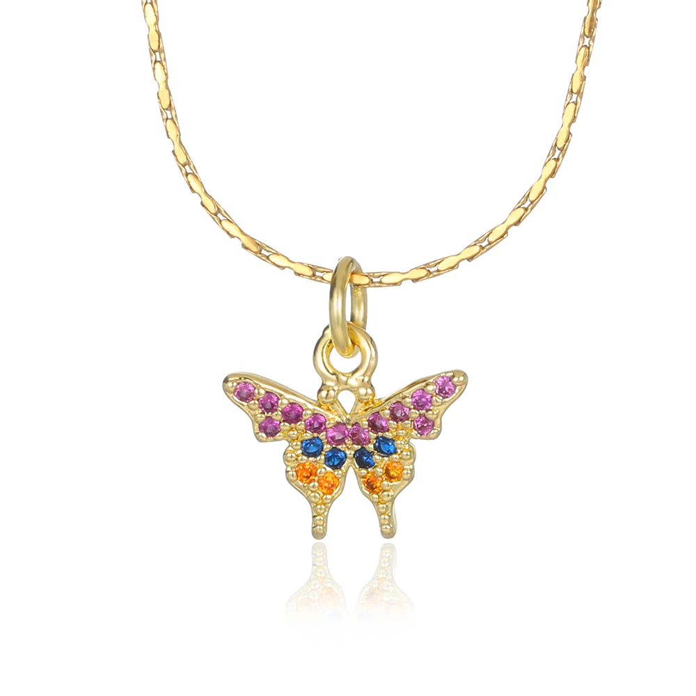 

Copper Gold Color Butterfly Pendant, Multicolored Zircon Inlaid Necklace for Women，Stainless Steel Chain Romantic Jewelry Sets