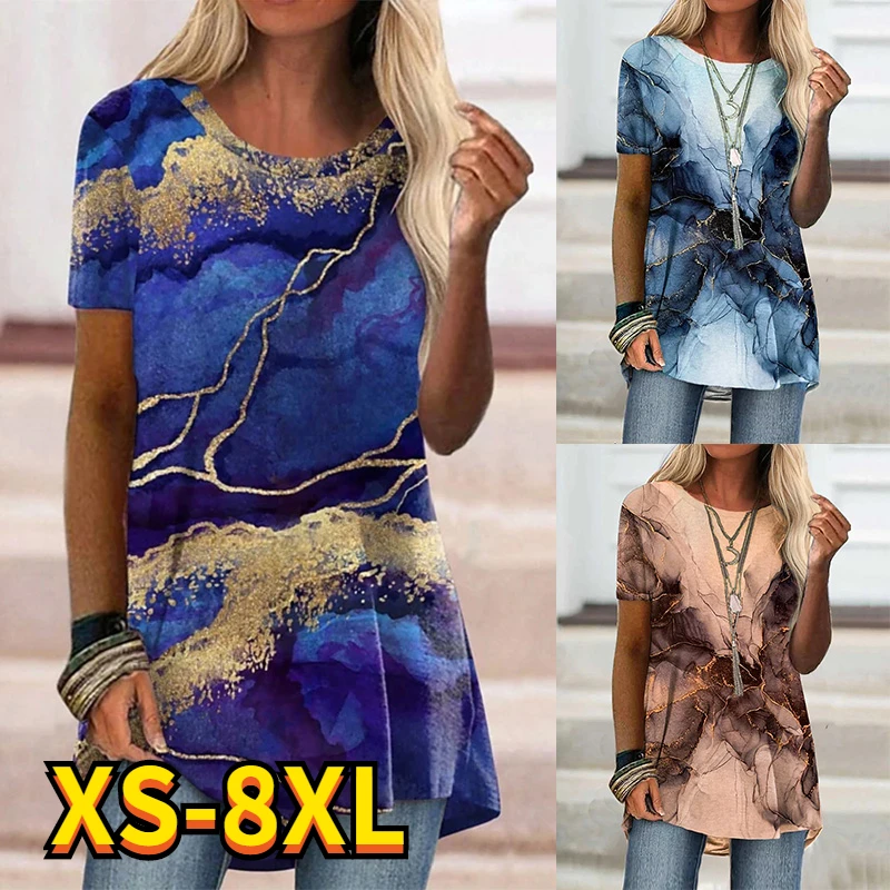 

2022 New Fashion Women's Short Sleeve T Shirt Flower Print Round Neck Dress Basic Tops Abstract 3D Print Plus Size Shirt 8XL