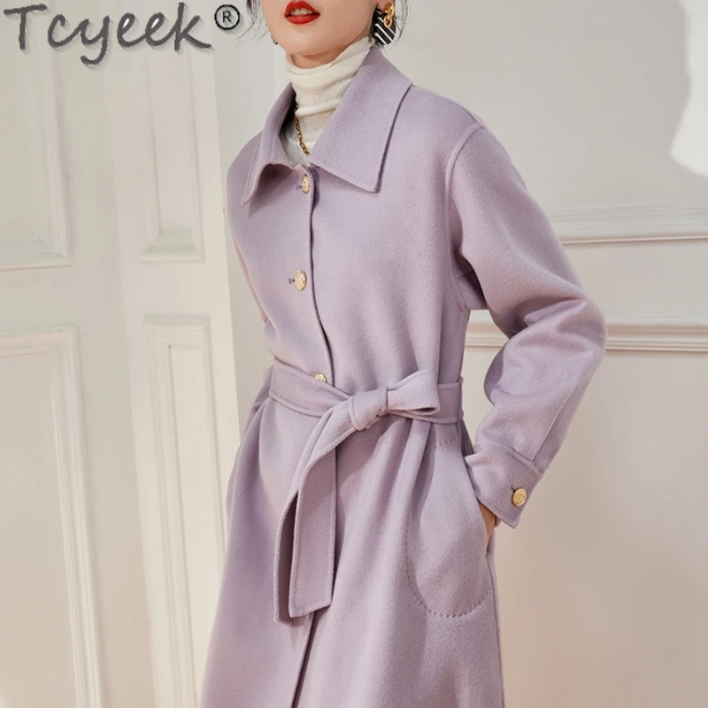 

Tcyeek Autumn Winter Women's Coat Wool Coat Women Double-sided Cashmere Coat Jackets Fashion Female Belt Woolen Coat Casacos Lq