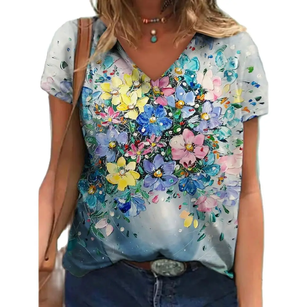 

Summer T-shirt Women's Vintage Flower Printed Tops Casual Everyday V-neck Tees Fashion Street Oversized Tee Shirt Women Clothing