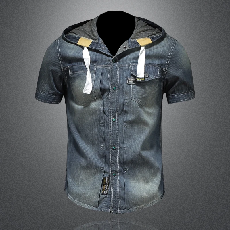 

2022 Brand Men Short Sleeve Cowboy Shirt Men Casual Hooded Denim Shirt Male High Quality Cotton Jean Shirts M-4XL