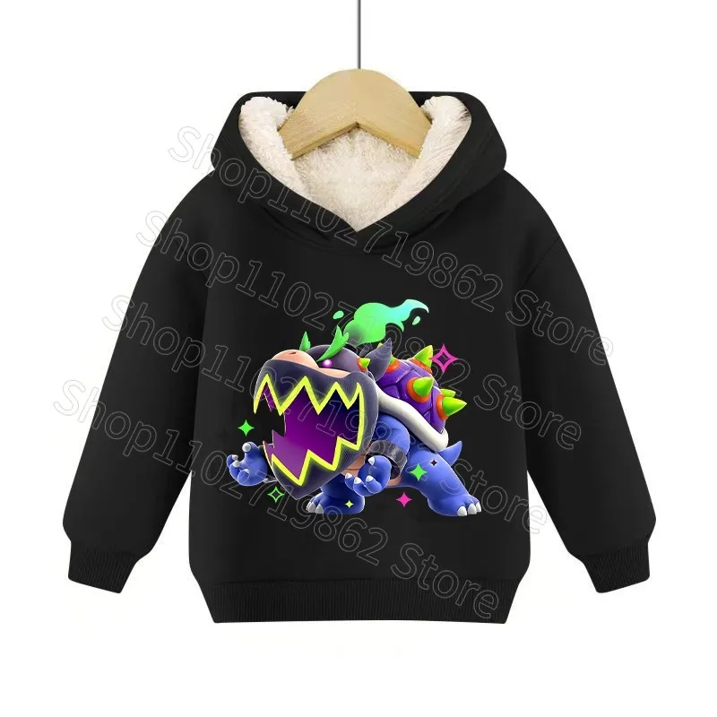 Super Mario Bros Child Velvet Hooded Sweatshirt Princess Peach Boys Girls Winter Clothes Cartoon Character Print Streetwear Gift