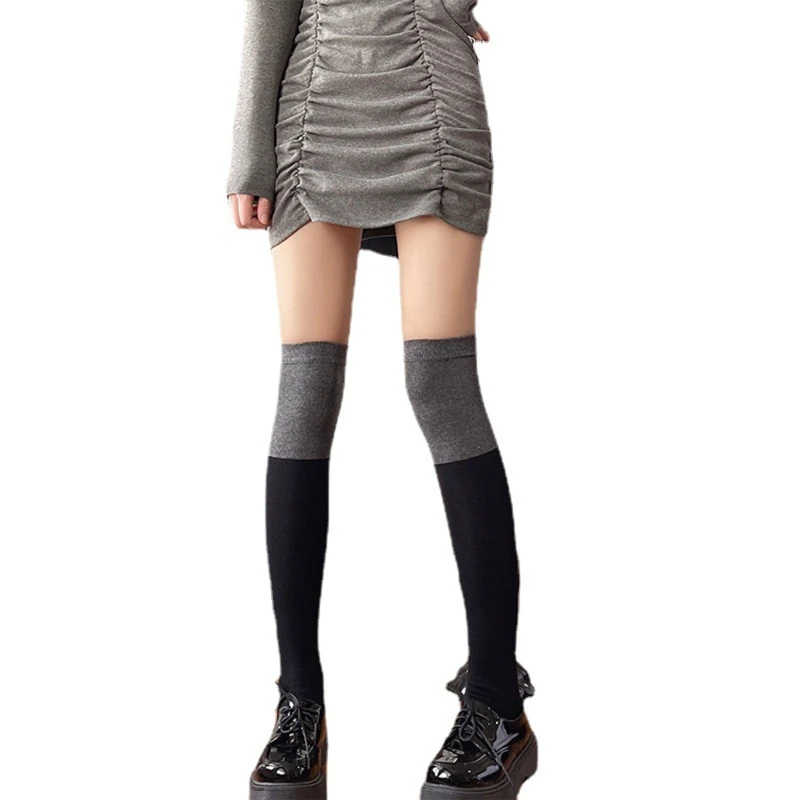 Women Thigh High Stockings Black Gray Contrast Color Over Knee Long Socks