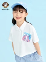 a21 girls polo shirt 2022 summer pure cotton fun beautiful girl letter printing knitted lapel loose childrens short sleeved top