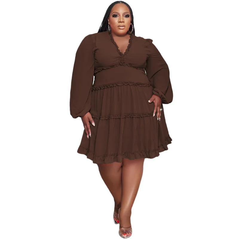 V-neck Solid Color Mini Dress Plus Size Women's Autumn Long Sleeve 2022 Elegant Ruffle Hem A-line Skirt Wholesale Dropshipping