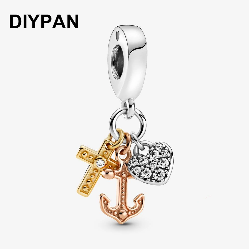 

Triple-tone Cross, Heart, & Anchor Dangle Charm Fit Original Pan Charm Bracelet Jewelry Berloque