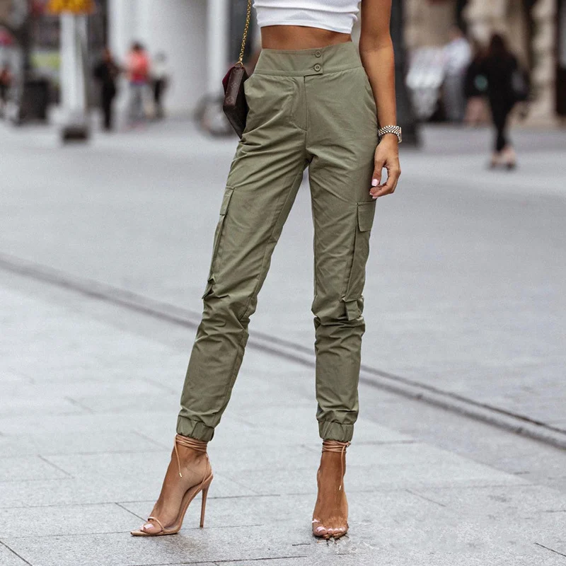 

High Waist Pocket Button Design Cargo Pants Women Casual Fashion Army Green Slim Fit Skinny Long Trousers Streetwear