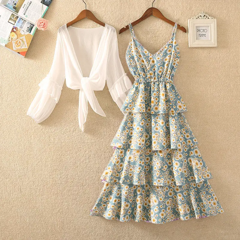 

Women 2022 Summer Dresses Suit New Fashion Female Chiffon Blouse Shirt + Floral Midi Casual Dress Casual Two Piece Sets N72
