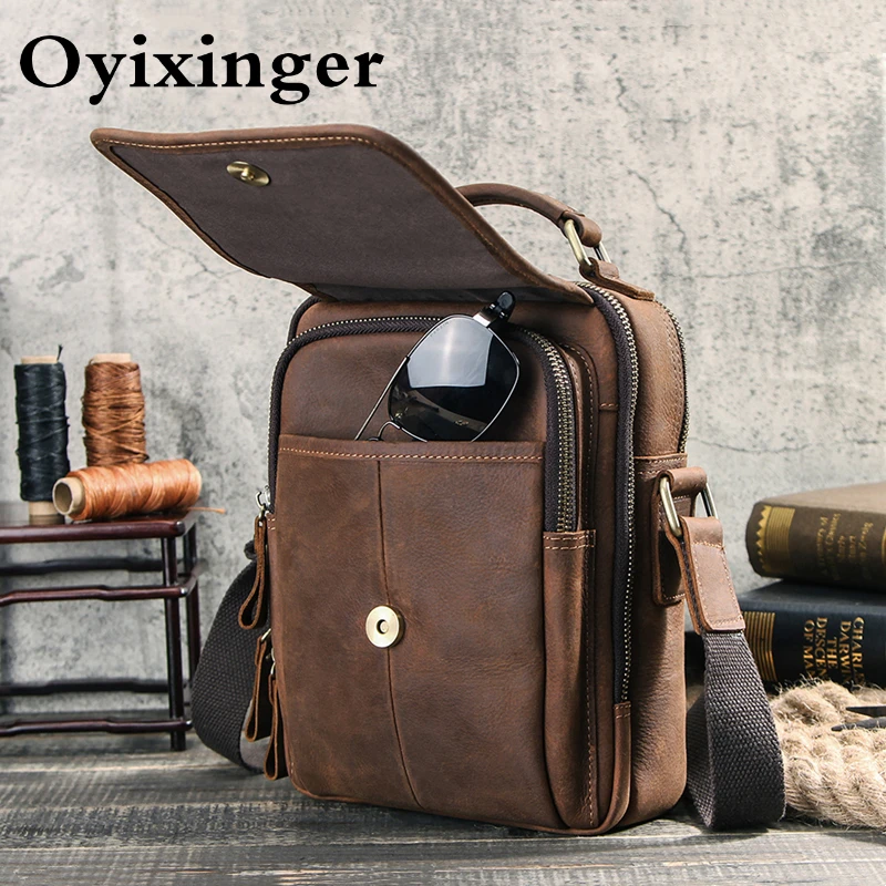 OYIXINGER 2023 New Vintage Men Messenger Bag For Man Crazy Horse Leather Crossbody Bag For 7.9