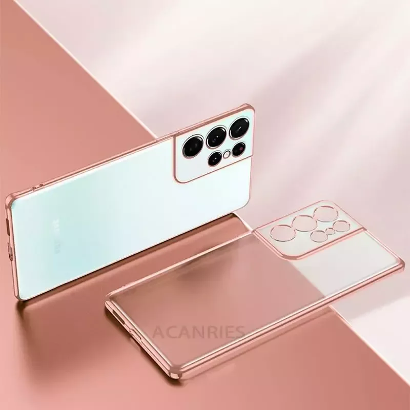 

New Arrival Original Design for Samsung Galaxy S21 Ultra S20 Plus S22 5g Camera Protect Transparent Silicone Cover Gold Plating
