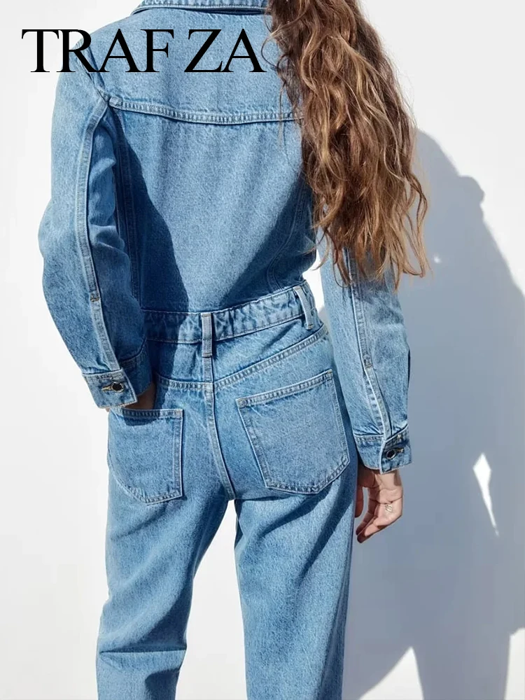 TRAFZA 2023 Women High Waist Denim Jumpsuit Blue Solid Jeans Women Elegant Long Jumpsuits Long Sleeve Denim Jumpsuit For Women