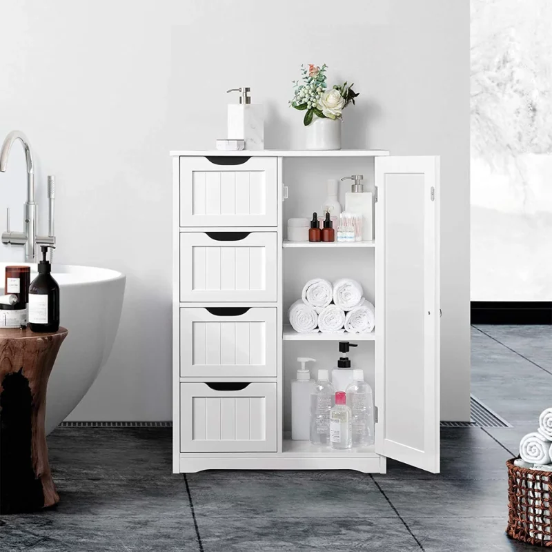 

BOUSSAC 4 Drawer Bathroom Cabinet Storage Cupboard 3 Shelves Free Standing White