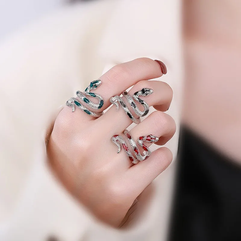 

Japan and South Korea New Fashion Silver Cubic Oxide Winding Snake Ring Enamel Punk Rhinestone Women's Jewelry Wholesale
