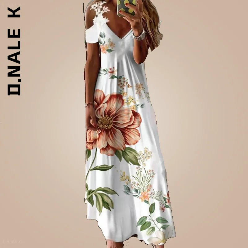 

D.Nale K Casual Floral Print Beach Dress Robe Boho Long Dresses Women Sexy V Neck Hollow Out Short Sleeve Maxi Dresses Female