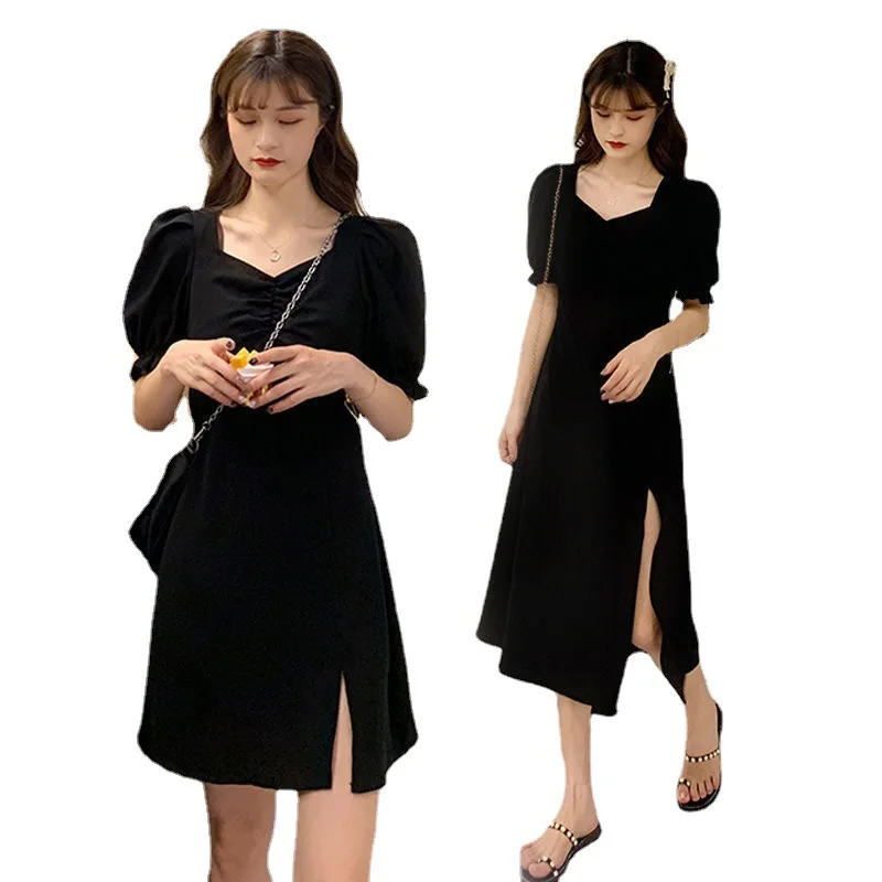 

Fat Sister Is Thin Dress Temperament Square Collar Waist Slit French Black Hepburn Style a-Line Skirt