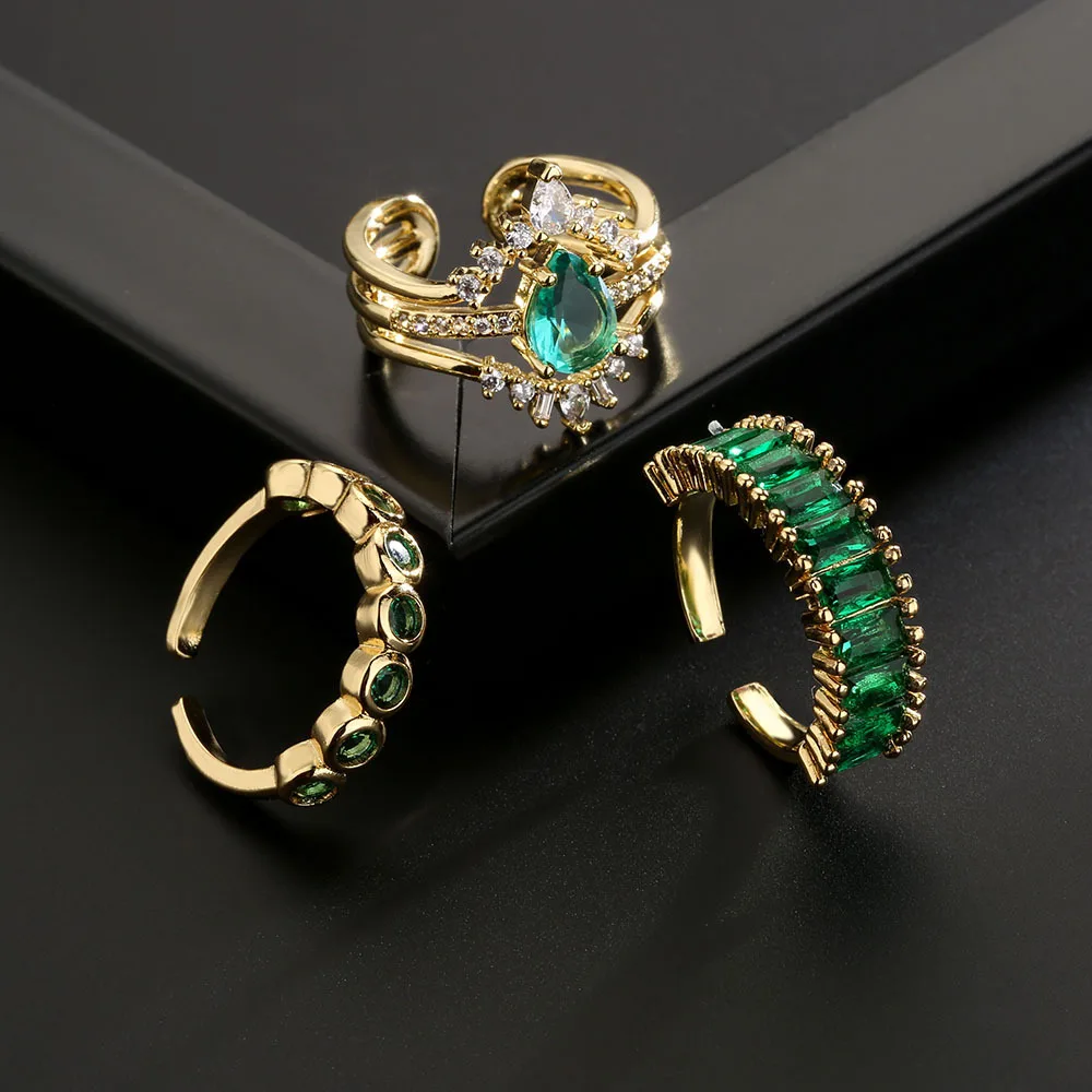 

2022 Fashion Trend Ring Copper Color AAA Zircon Geometric Opening Adjustment Ring Emerald New For Women Jewelry
