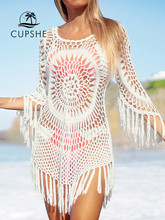 Vestidos Cupshe-vestido playero de crochet con flecos para mujer...