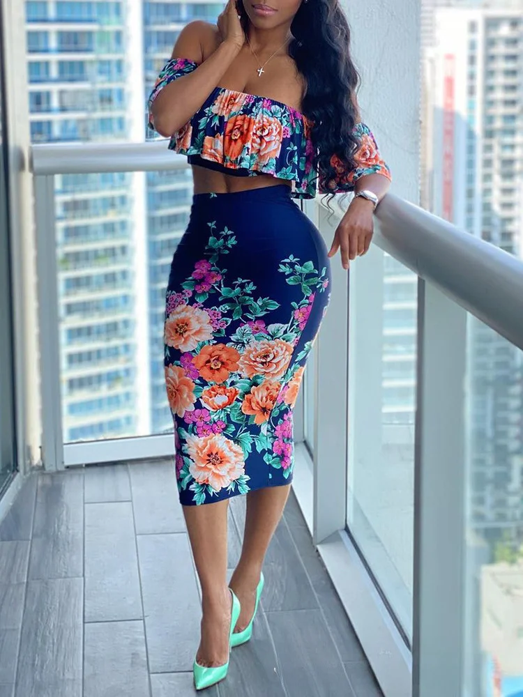 

Zoctuo Printing Floral 2 Piece Set For Women Off Shoulder Crop Top And Bodycon Midi Skirt Vintage Outfits Club Wear Party