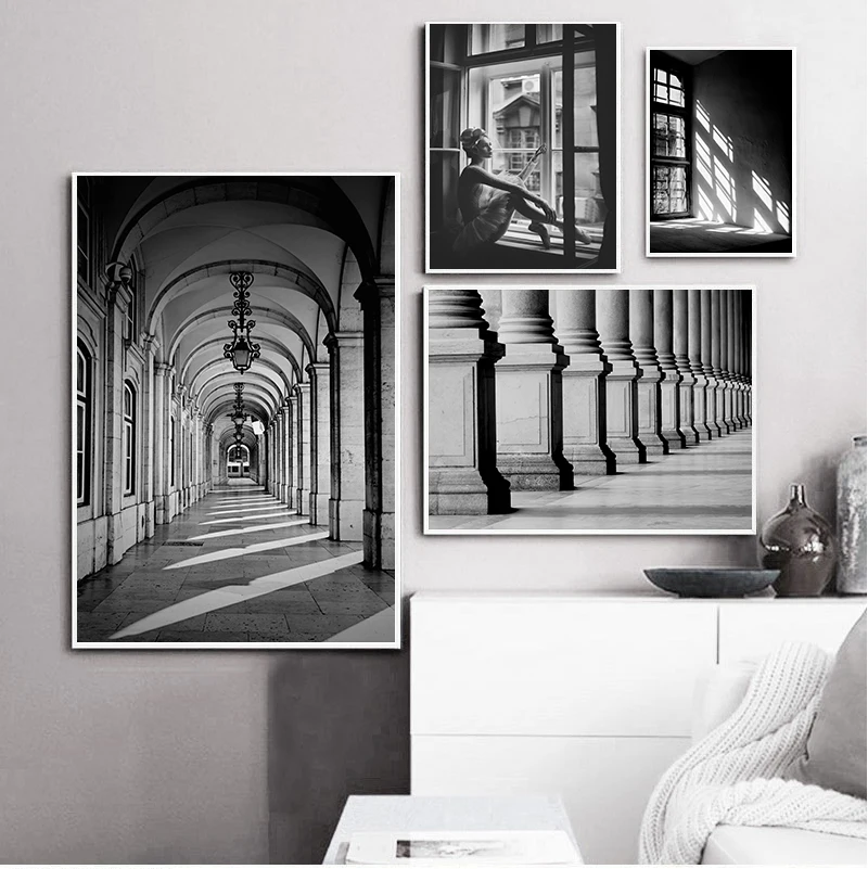 

Nordic Black And White Building Canvas Painting Girl Wall Art s Prints Wall Pictures For Living Room Scandinavian
