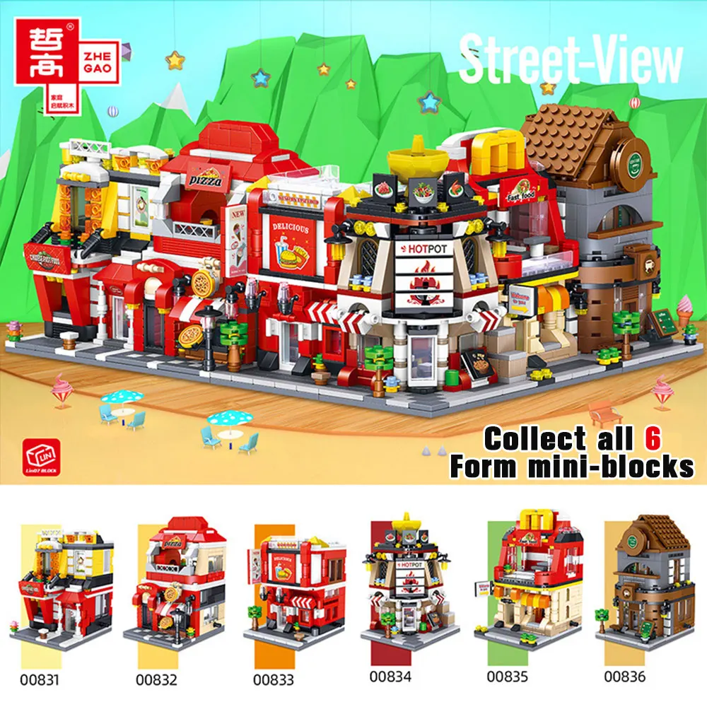 

Mini Creator City Street View Building Blocks Hamburger Pizza Cafe Shop Assembled Building Blocks Model Landscape Toys for Kids