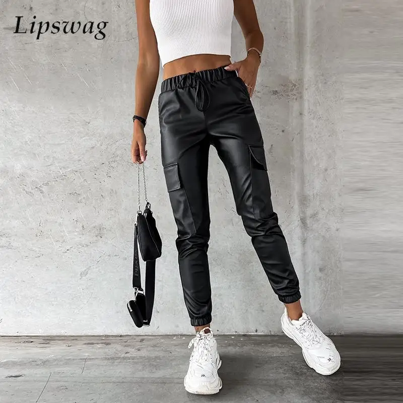 

Women PU Leather Long Pants Fashion Street Lady Pockets Pencil Pants Autumn Elastic Waist Drawstring Lace Up Trousers Sweatpants