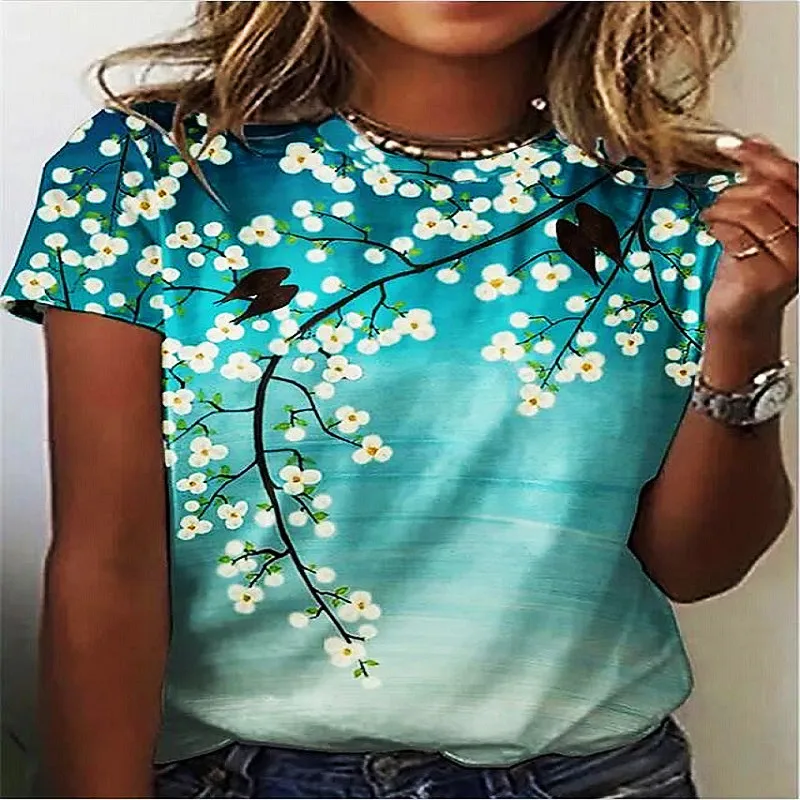 

Nowy kwiat śliwy motyw moda damska odzież okrągły dekolt kwiatowy 3D drukowania kobiet T-shirt w za dużym rozmiarze