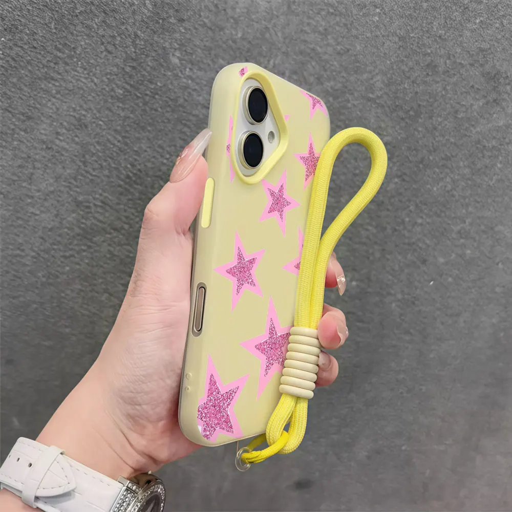 Чехол для телефона iPhone 17 Pro Max, 16, 13, 12, 15, 14, 11 Pro Max, Air, XS, XR, 16, 14, 7, 15, 8 Plus, X, розовый, со звездами, в стиле INS, с ремешком на запястье (art.: 3920dc8a907dc) - 3920dc8a907dc