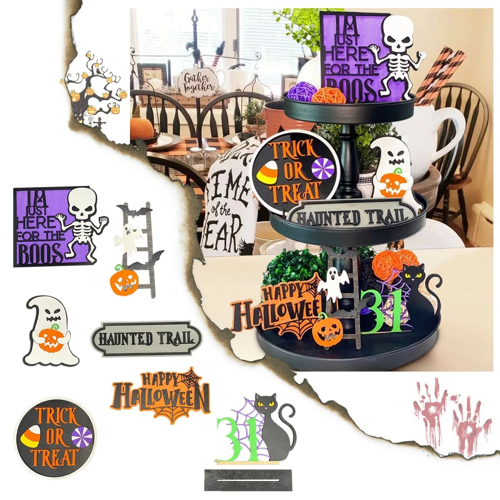 

Halloween Sign Wood Table Decoration Farmhouse Tiered Farm Signs for Kitchen Interchangeable Home Sign Set Mini Tray Table White