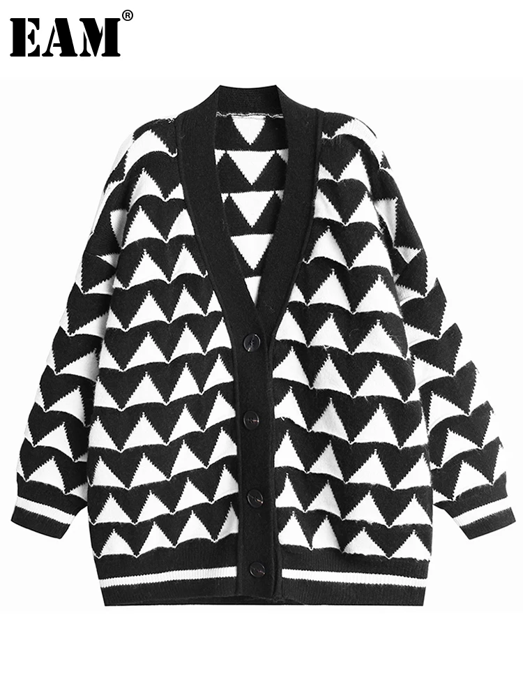 

[EAM] pattern big size Knitting Cardigan Sweater Loose Fit V-Neck Long Sleeve Women New Fashion Tide Autumn Winter 2022 1DE4553