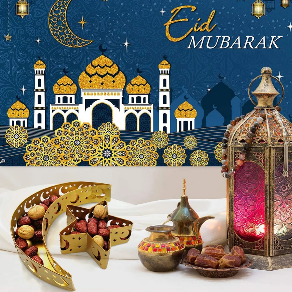 2022 New Ramadan Decoration Tray Dry Fruit Nuts Snacks Storage Plate Dinner Pallet Moon Star Iron Home Decor Holiday Supplies