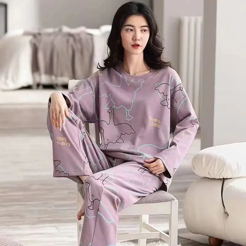 SUO&CHAO Spring Autumn Pajamas Sets For Womens Long Sleeve Round Neck Long Pants Cartoon Pring  Loose Casual Sleepwear Homewear