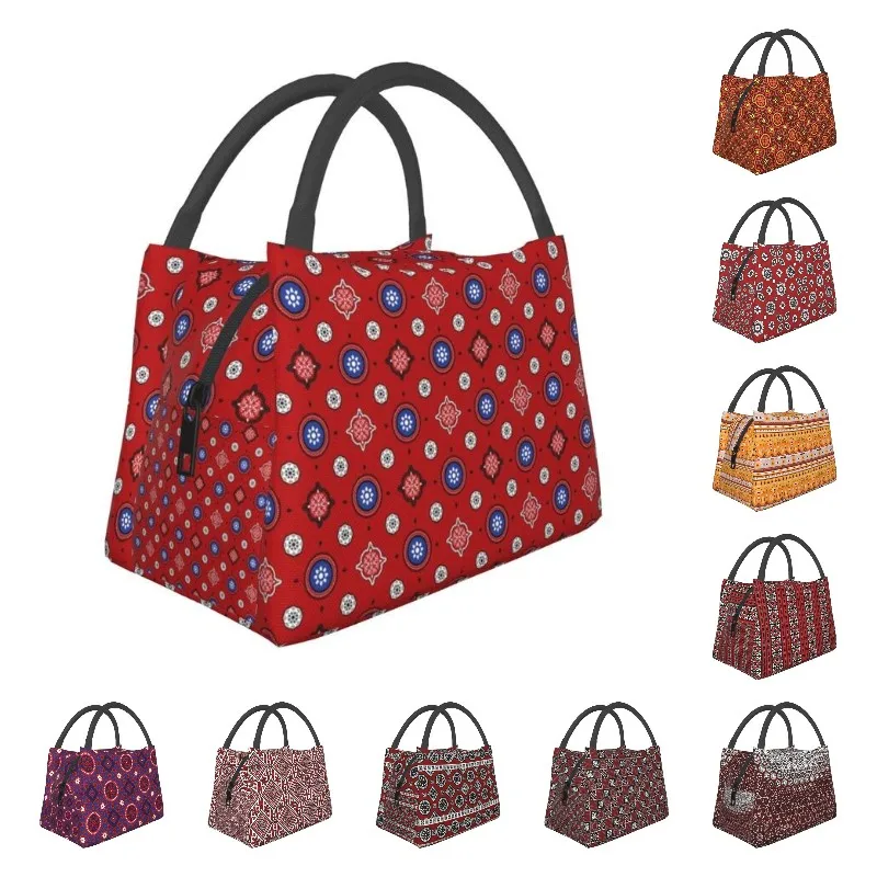 

Custom Traditional Pakistani Floral Ajrak Lunch Bag Men Women Thermal Cooler Insulated Lunch Box for Office Travel