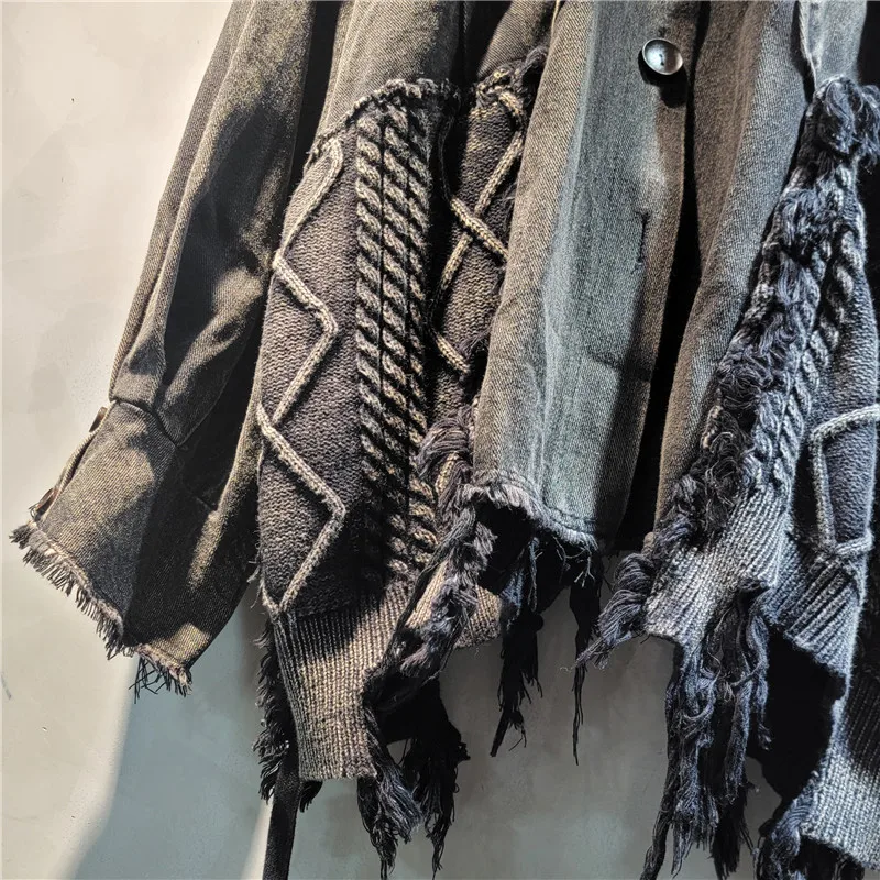 Осень 2024 новый свободный крупнобортный дизайн вязаная стираная джинсовая куртка