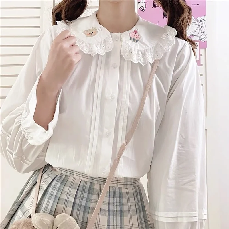 QWEEK летняя белая рубашка для подростков в японском стиле Харадзюку кружевные